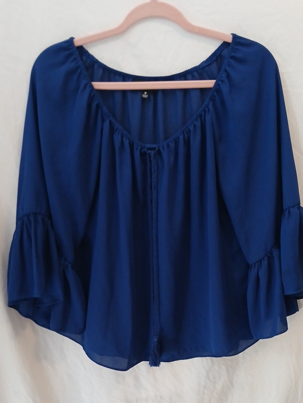My Michelle Navy Blouse with Tassel Tie Flare Bell Sleeves